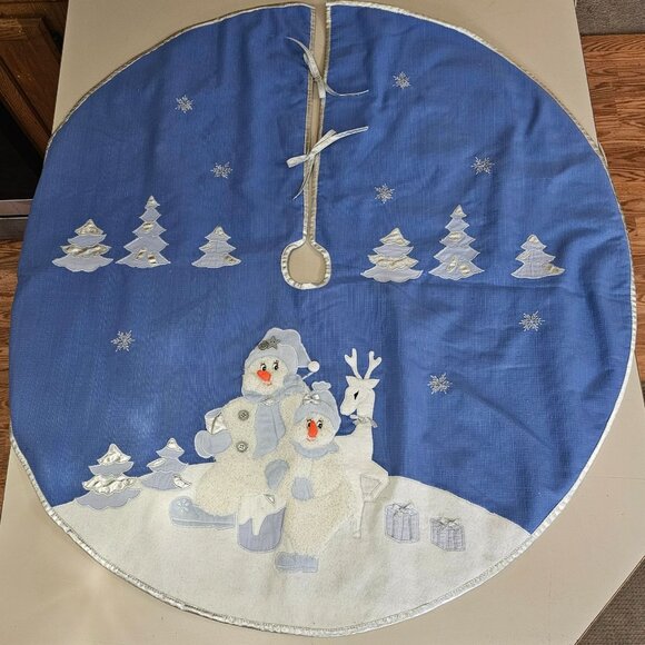 Snow Buddies Tree Skirt 1995 Christmas vtg Pottery Barn 40" blue holiday season - Picture 14 of 14